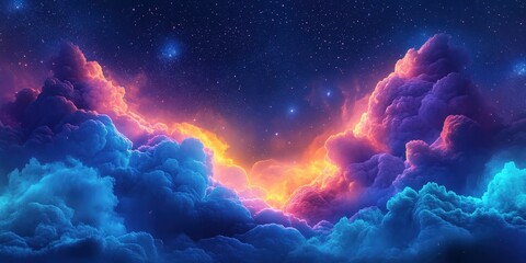 Dreamy Pink and Blue Clouds Under Starry Night Sky and Galaxy, Vibrant Cosmic Nebula in Deep Space with Stars and Galaxies Across the Universe