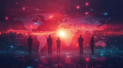 Fototapeta premium Global Network Connection: People Working Together on a Futuristic World Map