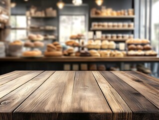 Fototapeta premium Empty wooden table top with a blurred background of a bakery shop interior for product display montage