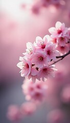 Obraz premium Sakura is blooming. Delicate pink cherry blossoms bloom beautifully on a tree branch during the spring season, filling the scene with vibrant colors and a sense of renewal in nature. Generative AI