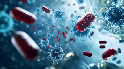 Microscope view of viruses and capsules in blue-toned background