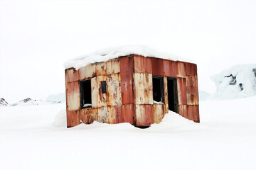 Weathered Rusty Hut Surrounded by Deep Snow in Arctic Wilderness 