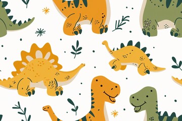 Fototapeta premium Colorful Dinosaur Pattern. A seamless pattern featuring adorable dinosaurs with lush tropical leaves.