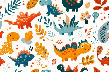 Repeating design of cute dino characters and vibrant jungle foliage.
