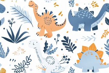 Obraz premium Charming dino and leaf motifs arranged in a fun seamless layout.