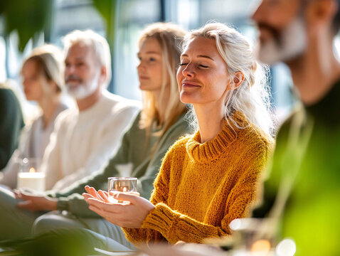 Small group participating in a mindfulness workshop with a focus on relaxation and emotional well-being
