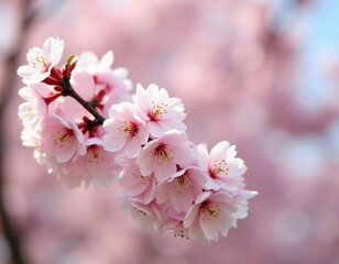 Sakura is blooming. Delicate pink cherry blossoms bloom beautifully on a tree branch during the spring season, filling the scene with vibrant colors and a sense of renewal in nature. Generative AI