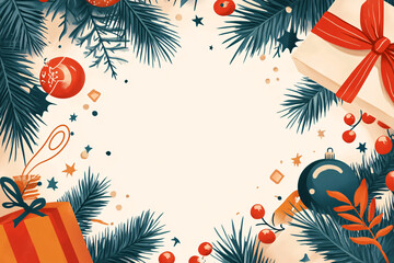 Festive holiday frame with Christmas gifts, pine branches, baubles, and stars surrounding an empty center for seasonal celebrations
