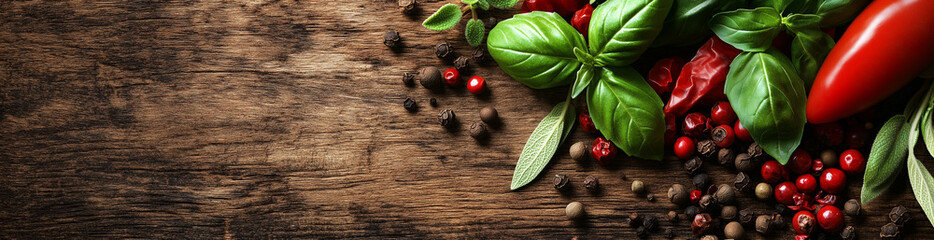 A rustic wooden background with scattered basil leaves, pepper and red chili peppers
