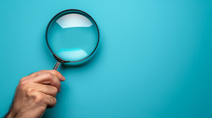 A man's hand holds a magnifying glass on a blue background with copy space. Background for design.