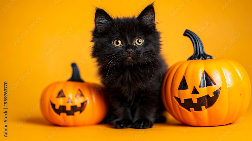 Wall mural a black kitten sitting next to two carved pumpkins on a yellow background