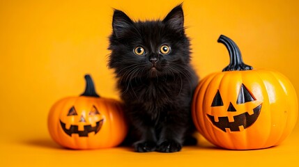 A black kitten sitting next to two carved pumpkins on a yellow background
