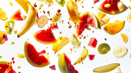 Food background. Pieces of watermelon, banana, kiwi and orange float in the air with drops of honey, syrup or wine. Fruits fly through the air, creating a feeling of movement