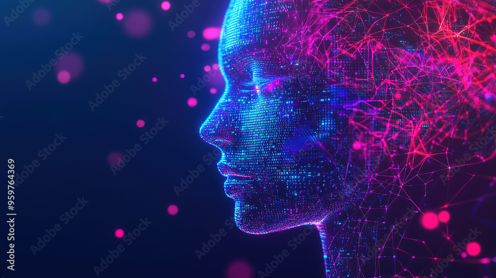 Wall mural abstract representation of artificial intelligence, digital face made of code and data, with glowing