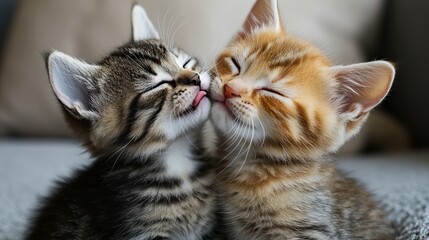 A couple of small kittens laying on top of each other on a couch