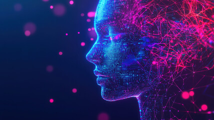 Abstract representation of artificial intelligence, digital face made of code and data, with glowing matrix in the background, the fusion of technology and human cognition in the development of AI.