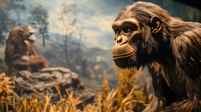 Realistic diorama of early hominids in naturalistic setting at history museum exhibit