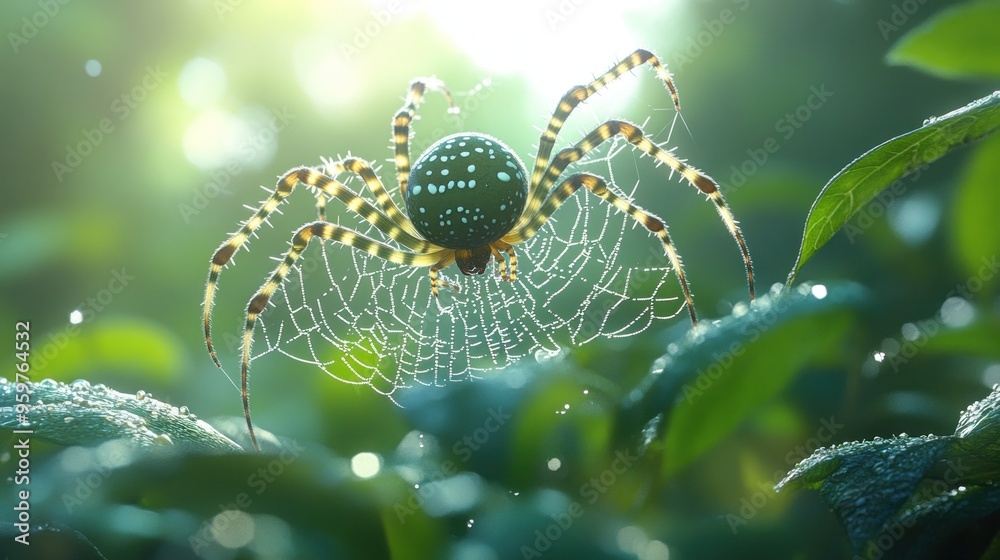 Wall mural A spider on its web amidst dew-covered leaves in sunlight.