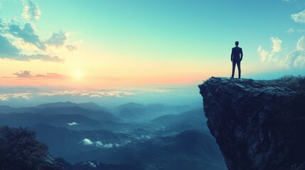 Businessman Standing On Mountain Peak At Sunset