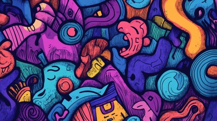 Abstract colorful doodle pattern with various shapes and lines, perfect for background design.