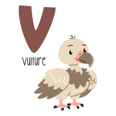 Cute flat vector illustration. Cute vulture and letter V. Animals and letters of alphabet . Vector illustration