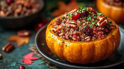 A close-up of a beautifully roasted acorn squash stuffed with wild rice, cranberries, and pecans, topped with fresh herbs, set against a rustic autumn backdrop with fall leaves and a wooden table.