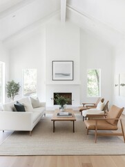 Fototapeta premium A simple minimalist living room with a symmetrical furniture arrangement, capturing a sense of harmony and simplicity.