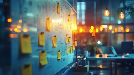 Fototapeta premium Whiteboard With Sticky Notes And Ideas In Modern Office