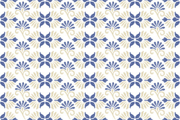 Embroidered Ikat flower pattern on a white background. Traditional ethnic ikat, Aztec abstract vector pattern, seamless pattern in tribal, folk embroidery and Mexican style.