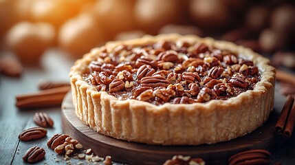 A close-up of a freshly baked pecan pie with a golden crust, surrounded by scattered pecans,...