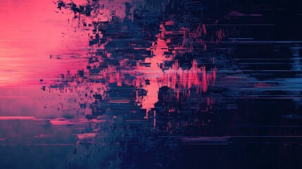 Abstract digital art with glitch effect in pink and blue tones.