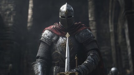 Brave knight in shining armor standing tall with a sword, ready for battle