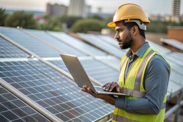 "Indian Engineer Inspecting Solar Panels" - Engineer examining solar panels on a rooftop.

