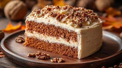 A close-up of a moist carrot cake with cream cheese frosting, topped with walnut pieces and garnished with autumn leaves, placed on a rustic wooden table. The warm,