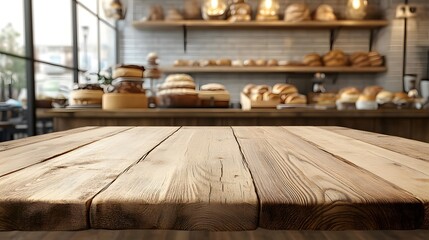Empty wooden table top with a blurred background of a bakery shop interior for product display montage