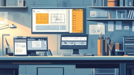 Modern Digital Workshop Room with Tablets and Design Blueprints in Flat Design Illustration