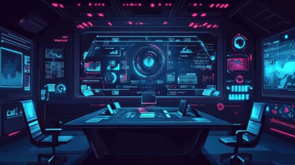 Obraz premium Digital Collaboration Hub: Futuristic Virtual Meeting Space with Tech-Heavy Flat Design Interface Illustration