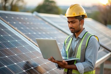 "Indian Solar Panel Engineer at Work" - Engineer in uniform working on solar panels.
