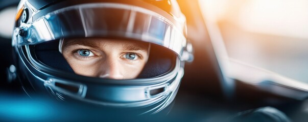 A focused race car driver in a helmet, highlighting determination and speed on the racetrack. Capturing the essence of motorsport.