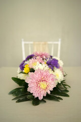 Colorful Flower Bouquet On The Table In Wedding Ceremony Decoration