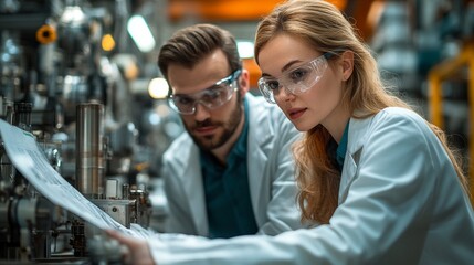 Engineering Precision: Focused industrial engineers collaborate on technical schematics in a state-of-the-art manufacturing facility.