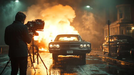 Obraz premium Behind the scenes indie film production, showcasing guerrilla filmmaking techniques in a raw, creative environment