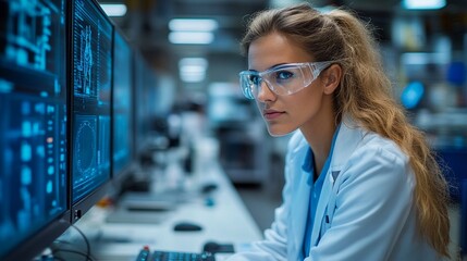 Focused on Innovation: A female scientist, wearing safety goggles, intently studies data on a computer screen, her expression conveying both focus and determination. Her white lab coat.