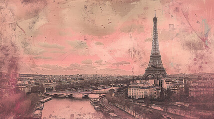 an fine sketch illustration of Paris for background in pale pinks and blacks