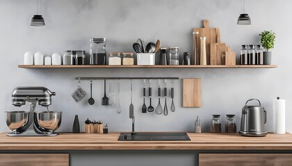 Modern kitchen setup featuring utensils, containers, and appliances on a stylish wooden countertop and wall shelf.