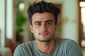 A close-up portrait of a young Indian or Pakistani man wearing a casual t-shirt, with a blurred background.
