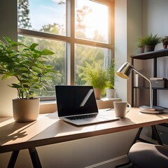 Modern Home Office Setup
Minimalist home office desk with a sleek laptop, plant, coffee cup, and natural sunlight streaming through a window.
