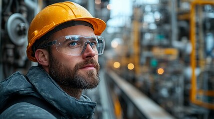 Industrial Resolve: A rugged engineer in safety gear contemplates amidst the intricate network of an oil refinery, reflecting the dedication and expertise within heavy industries. 