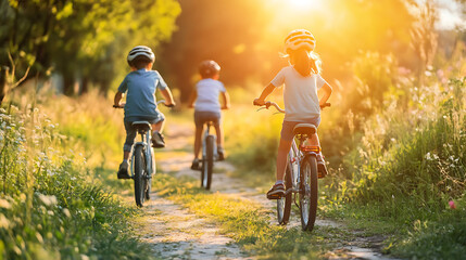 Parents and two children riding bicycles along a scenic nature trail, enjoying the outdoors and staying active 