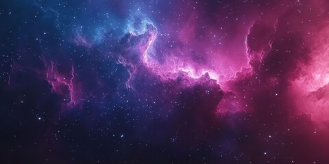 Fototapeta premium Dreamy Pink and Blue Clouds Under Starry Night Sky and Galaxy, Vibrant Cosmic Nebula in Deep Space with Stars and Galaxies Across the Universe